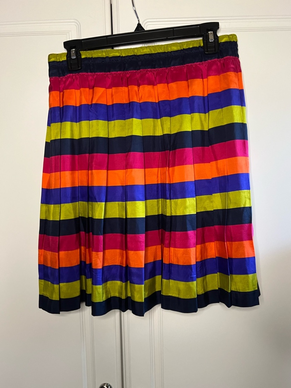 Vintage 100% Silk Pleated Multicolor Stripe Midi Skirt Medium